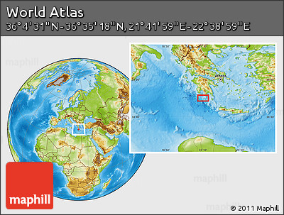 Physical Location Map of the Area around 36° 19' 55" N, 22° 10' 29" E