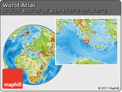 Physical Location Map of the Area around 36° 19' 55" N, 22° 10' 29" E