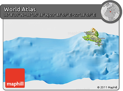 Physical Panoramic Map of the Area around 36° 19' 55" N, 22° 10' 29" E