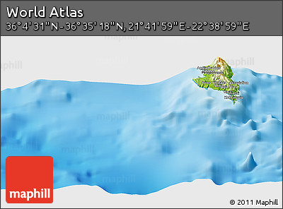 Physical Panoramic Map of the Area around 36° 19' 55" N, 22° 10' 29" E