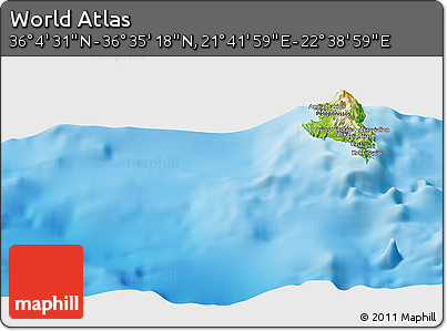 Physical Panoramic Map of the Area around 36° 19' 55" N, 22° 10' 29" E