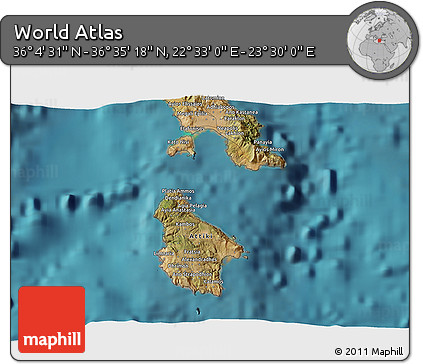Satellite 3D Map of the Area around 36° 19' 55" N, 23° 1' 29" E