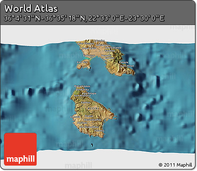 Satellite 3D Map of the Area around 36° 19' 55" N, 23° 1' 29" E