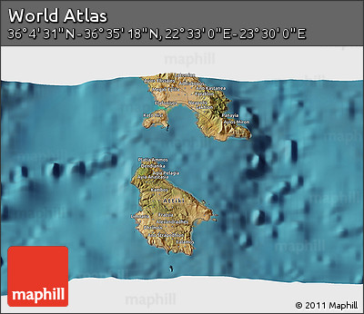 Satellite 3D Map of the Area around 36° 19' 55" N, 23° 1' 29" E