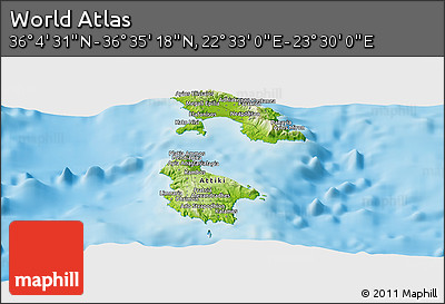 Physical Panoramic Map of the Area around 36° 19' 55" N, 23° 1' 29" E