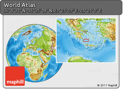 Physical Location Map of the Area around 36° 19' 55" N, 23° 52' 30" E