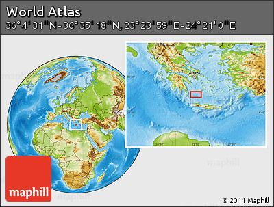 Physical Location Map of the Area around 36° 19' 55" N, 23° 52' 30" E
