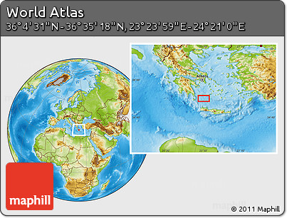 Physical Location Map of the Area around 36° 19' 55" N, 23° 52' 30" E