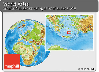 Physical Location Map of the Area around 36° 19' 55" N, 25° 34' 30" E