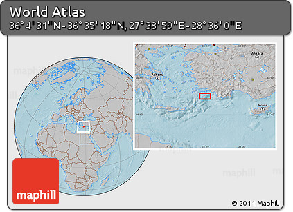 Gray Location Map of the Area around 36° 19' 55" N, 28° 7' 30" E, hill shading