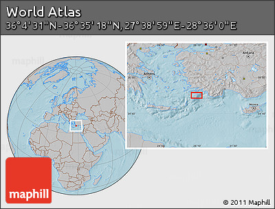 Gray Location Map of the Area around 36° 19' 55" N, 28° 7' 30" E, hill shading