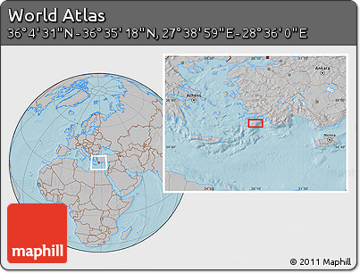 Gray Location Map of the Area around 36° 19' 55" N, 28° 7' 30" E, hill shading