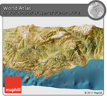 Satellite 3D Map of the Area around 36° 19' 55" N, 29° 49' 30" E