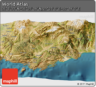 Satellite 3D Map of the Area around 36° 19' 55" N, 29° 49' 30" E