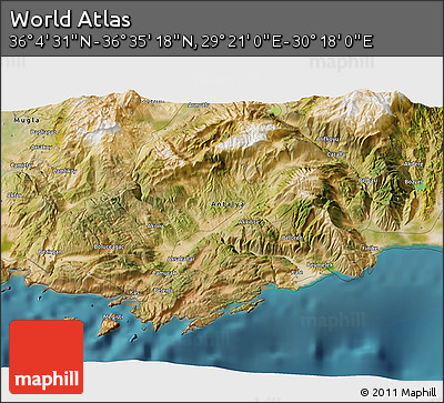 Satellite 3D Map of the Area around 36° 19' 55" N, 29° 49' 30" E