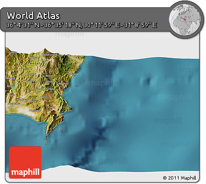 Satellite 3D Map of the Area around 36° 19' 55" N, 30° 40' 29" E