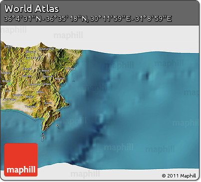 Satellite 3D Map of the Area around 36° 19' 55" N, 30° 40' 29" E