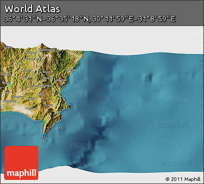 Satellite 3D Map of the Area around 36° 19' 55" N, 30° 40' 29" E