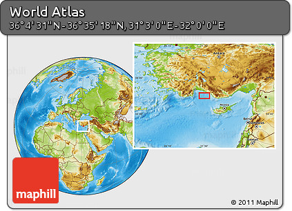 Physical Location Map of the Area around 36° 19' 55" N, 31° 31' 29" E