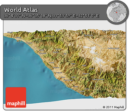 Satellite 3D Map of the Area around 36° 19' 55" N, 32° 22' 30" E