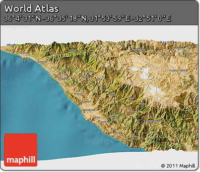 Satellite 3D Map of the Area around 36° 19' 55" N, 32° 22' 30" E