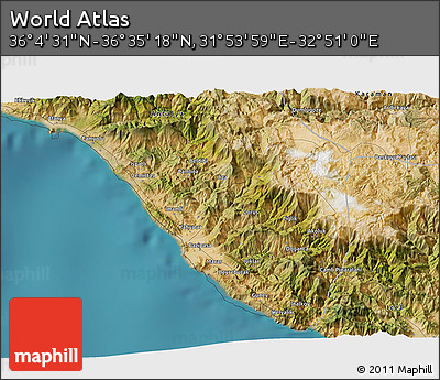 Satellite 3D Map of the Area around 36° 19' 55" N, 32° 22' 30" E