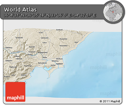 Shaded Relief 3D Map of the Area around 36° 19' 55" N, 34° 4' 30" E