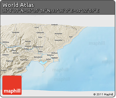 Shaded Relief 3D Map of the Area around 36° 19' 55" N, 34° 4' 30" E