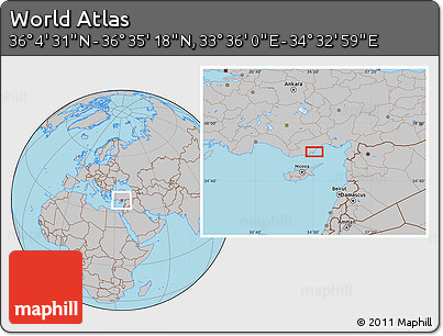 Gray Location Map of the Area around 36° 19' 55" N, 34° 4' 30" E