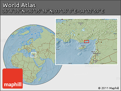 Savanna Style Location Map of the Area around 36° 19' 55" N, 34° 4' 30" E, hill shading