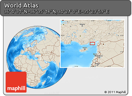 Shaded Relief Location Map of the Area around 36° 19' 55" N, 34° 55' 29" E