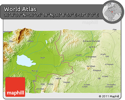 Physical 3D Map of the Area around 36° 19' 55" N, 36° 37' 30" E