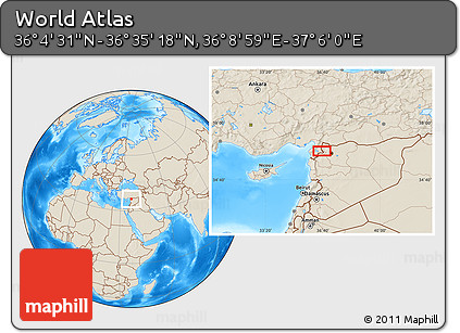 Shaded Relief Location Map of the Area around 36° 19' 55" N, 36° 37' 30" E