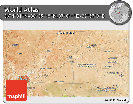 Satellite 3D Map of the Area around 36° 19' 55" N, 37° 28' 30" E