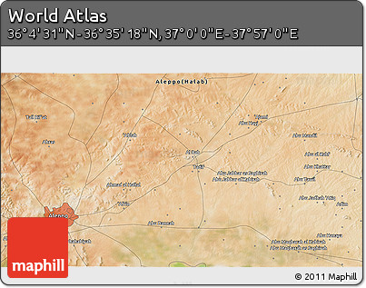 Satellite 3D Map of the Area around 36° 19' 55" N, 37° 28' 30" E