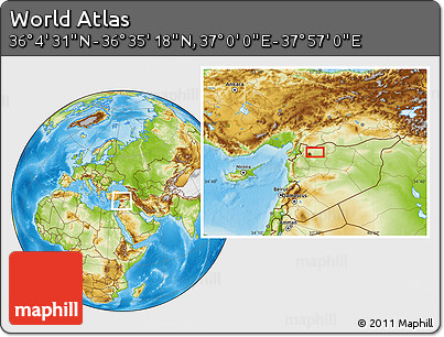 Physical Location Map of the Area around 36° 19' 55" N, 37° 28' 30" E