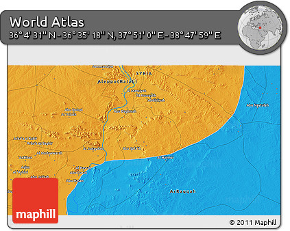 Political 3D Map of the Area around 36° 19' 55" N, 38° 19' 30" E