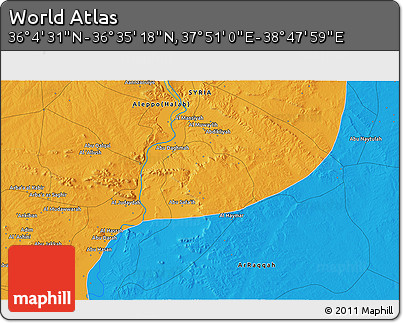 Political 3D Map of the Area around 36° 19' 55" N, 38° 19' 30" E