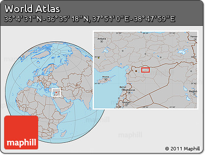 Gray Location Map of the Area around 36° 19' 55" N, 38° 19' 30" E