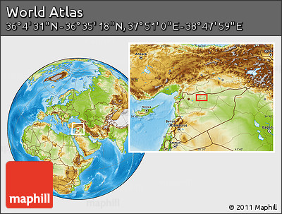 Physical Location Map of the Area around 36° 19' 55" N, 38° 19' 30" E