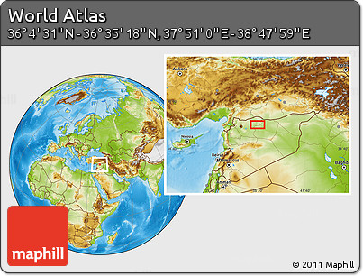 Physical Location Map of the Area around 36° 19' 55" N, 38° 19' 30" E