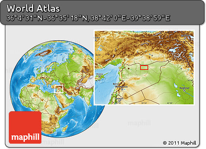 Physical Location Map of the Area around 36° 19' 55" N, 39° 10' 29" E