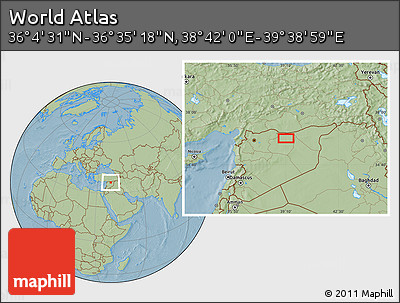 Savanna Style Location Map of the Area around 36° 19' 55" N, 39° 10' 29" E, hill shading