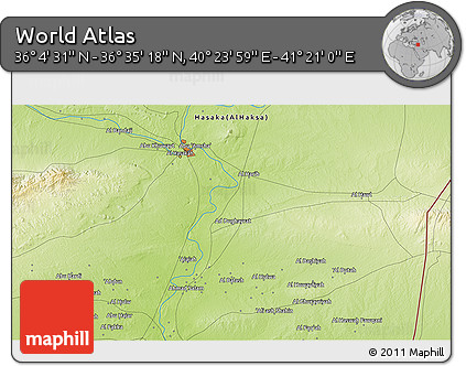 Physical 3D Map of the Area around 36° 19' 55" N, 40° 52' 30" E
