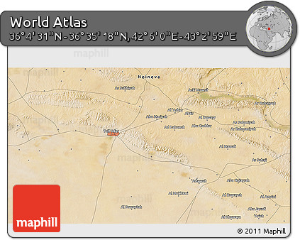 Satellite 3D Map of the Area around 36° 19' 55" N, 42° 34' 30" E