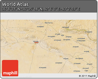 Satellite 3D Map of the Area around 36° 19' 55" N, 42° 34' 30" E