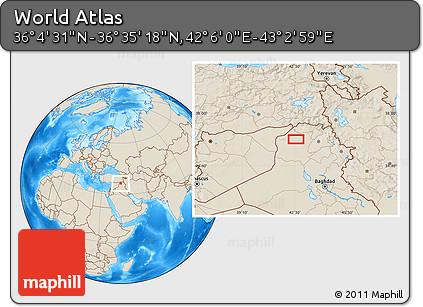 Shaded Relief Location Map of the Area around 36° 19' 55" N, 42° 34' 30" E