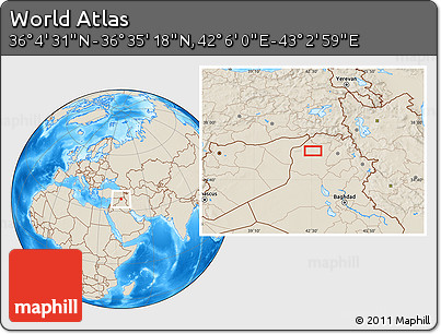 Shaded Relief Location Map of the Area around 36° 19' 55" N, 42° 34' 30" E