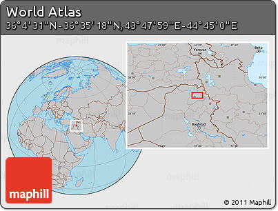 Gray Location Map of the Area around 36° 19' 55" N, 44° 16' 29" E
