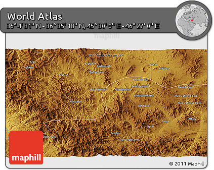 Physical 3D Map of the Area around 36° 19' 55" N, 45° 58' 30" E